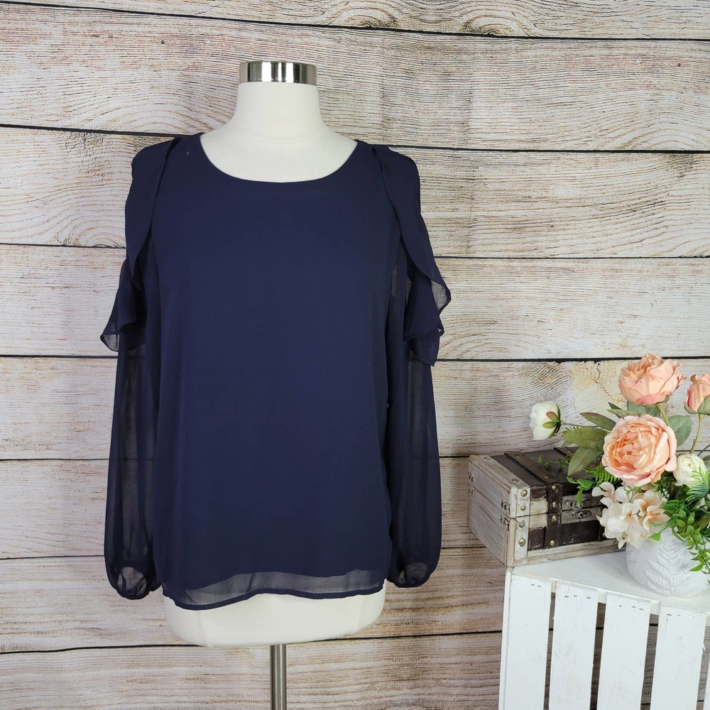 3/$25 Lucca Couture Women's Long Sleeve Slit Shoulder Ruffle Top Navy Small